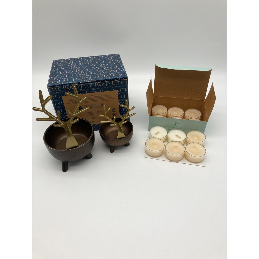 PartyLite Deer Pals Tealight Holder Pair P93362 Gold Antlers Butter Pecan Candle